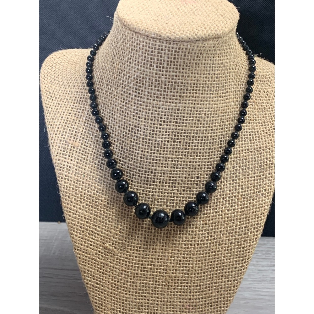 Vintage Japan Graduated Black Bead Hand Knotted Necklace‎ Box Clasp 1950s